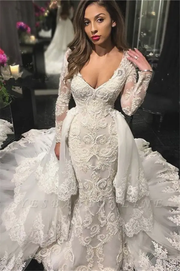 Vestidos De Novia 2021 Wedding Dresses With V-neck Beaded Sexy Mermaid Lace Appliques Long Sleeves Mariage Bride Dresses