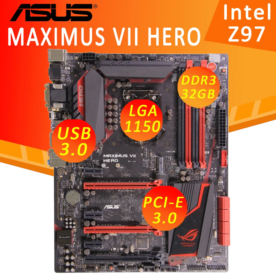 Verkauf LGA 1150 Asus MAXIMUS VII HERO Motherboard DDR3 3000MHz M.2 SSD VGA DVI USB 3,0 HIFI CrossFireX Desktop Intel Z97 Placa-Mãe 1150