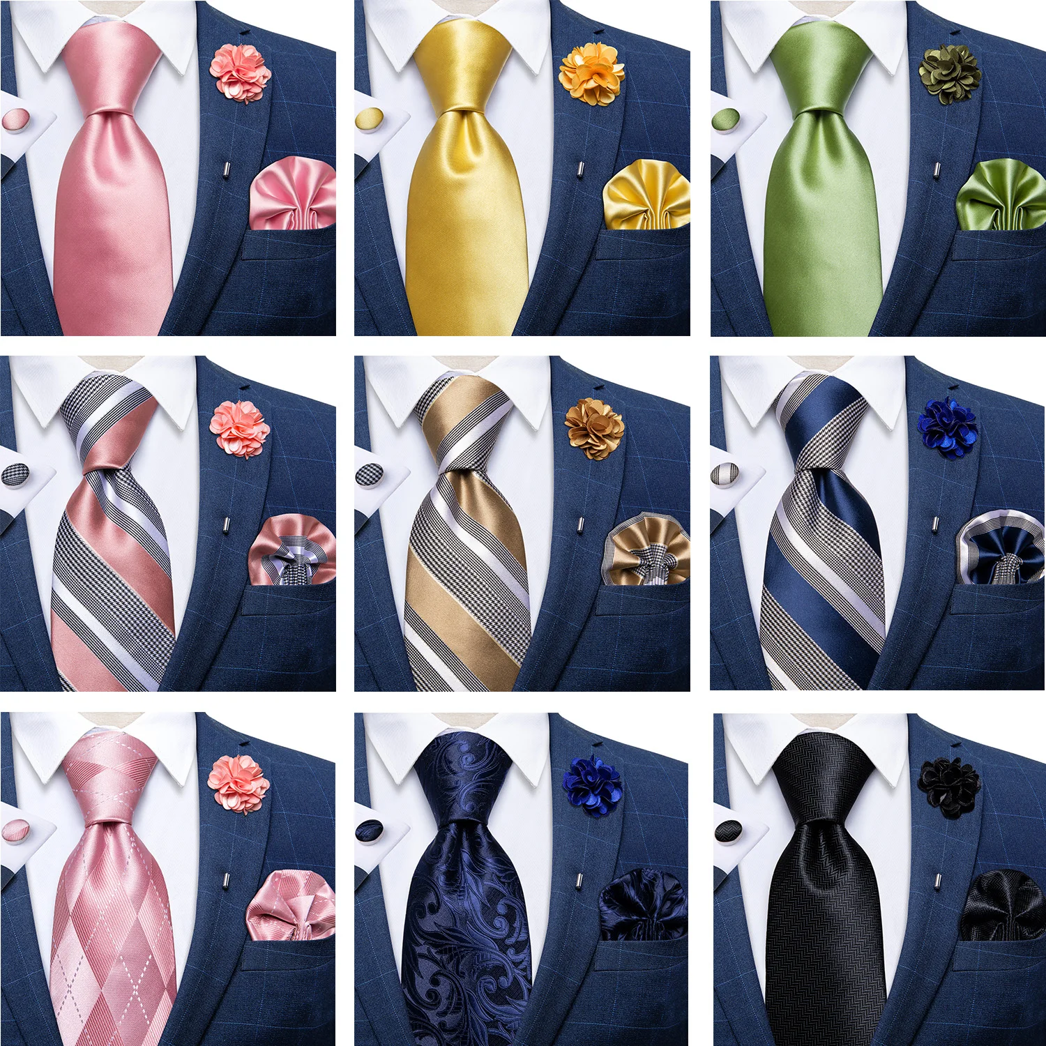 

Solid Yellow Black Neck Ties For Men Brooch Pin Set 8cm Width Business Wedding Men's Tie Handkerchief Cufflinks Men Gift DiBanGu