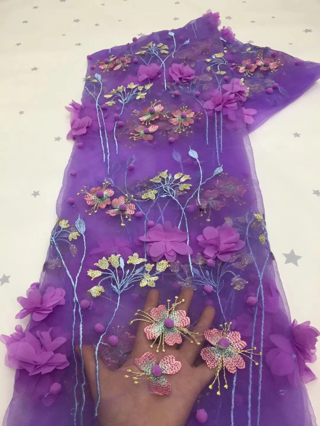 

African Lace Fabric 3D Floral Tulle Lace Fabric Purple Embroidery Beaded Lace Fabric With 3d Flower For Wedding Dress