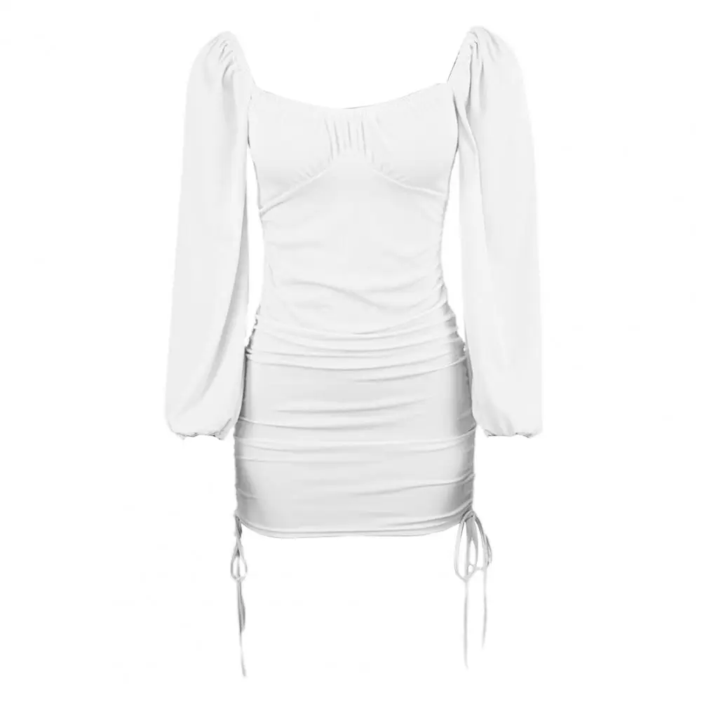 

Women Sexy Long Puff Sleeve Ruched Drawstring Low-cut Bodycon Party Mini Dress