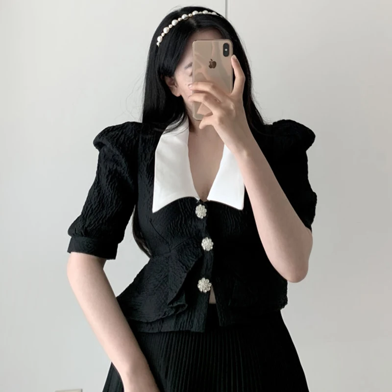 

Women Shirt 2021 Summer Korean Chic Retro Lapel Color-Blocking Three-Button Ruffled Texture Puff Sleeve Blouses