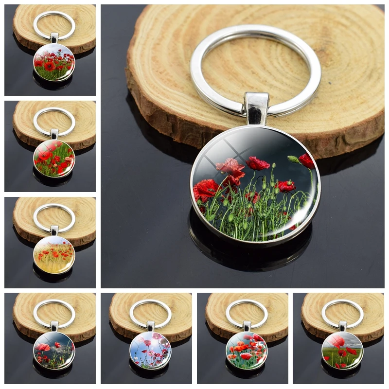 

Flowers Key Chains Poppy Flowers Double Side Glass Cabochon Keychain Pendant Keyring