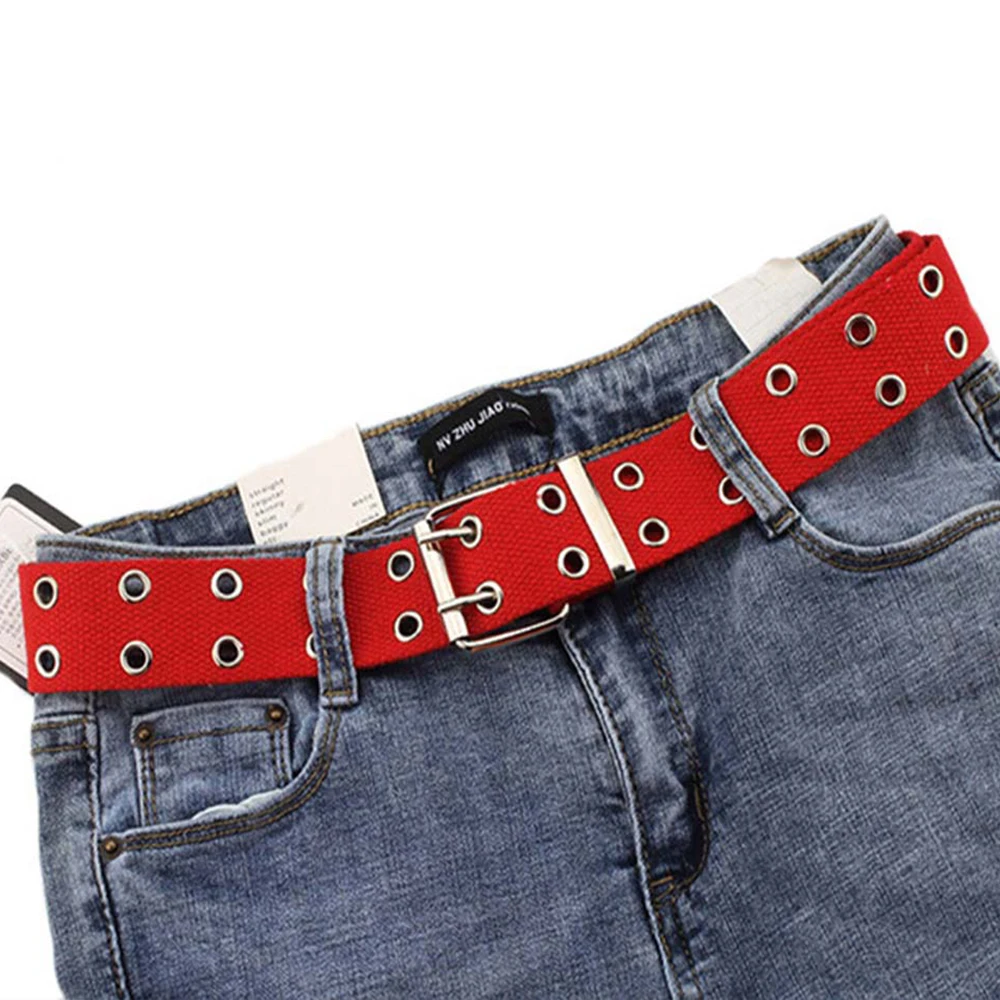 Новый Широкий холщовый ремень в стиле панк Харадзюку с двойной пряжкой люверсами