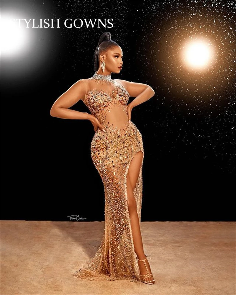

Sexy O Neck Long Prom Dresses With Long Sleeve 2021 Beaded Tulle Side Split Party Gowns Mermaid Mini Cocktail Homecoming Dress