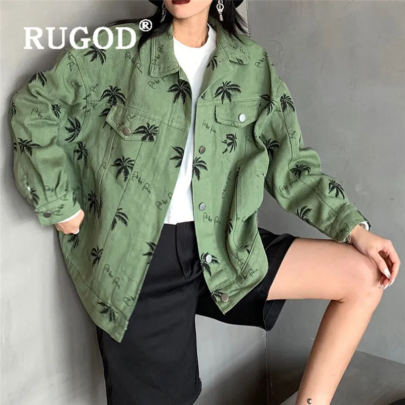 RUGOD Jackets Women 2019 Autumn And Winter Korean Style Safari Bf Leave Print Turn-down Single Breasted Plus Size Loose Outwears Veste Jean Femme |