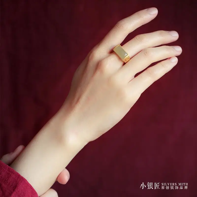 Ручной древняя позолота кольцо S925 стерлингового серебра Открыть (Hetian) нефрита