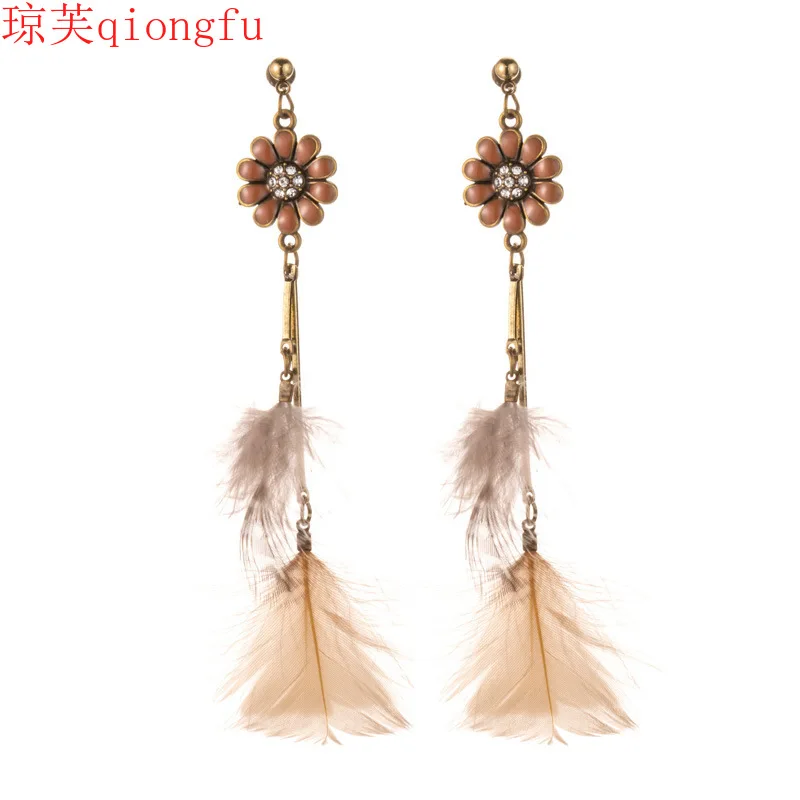 

earrings2021 trends Sunflower feathered earring female European and American eardrop long style exotic style earring accessories