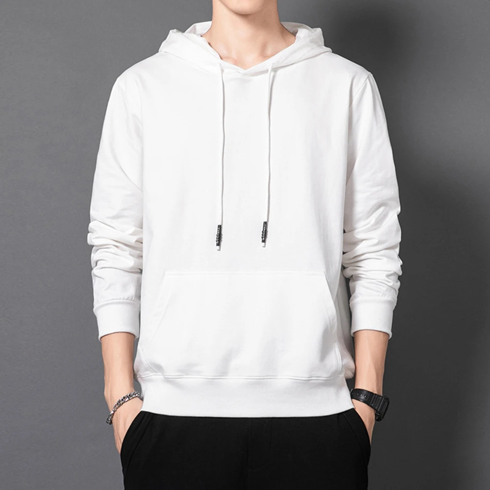 

2021 New Autumn Men Hoodies Long Sleeve Round Neck Solid Color Hooded Clothing Male Casual Loose Cotton White Sport Pullover Top