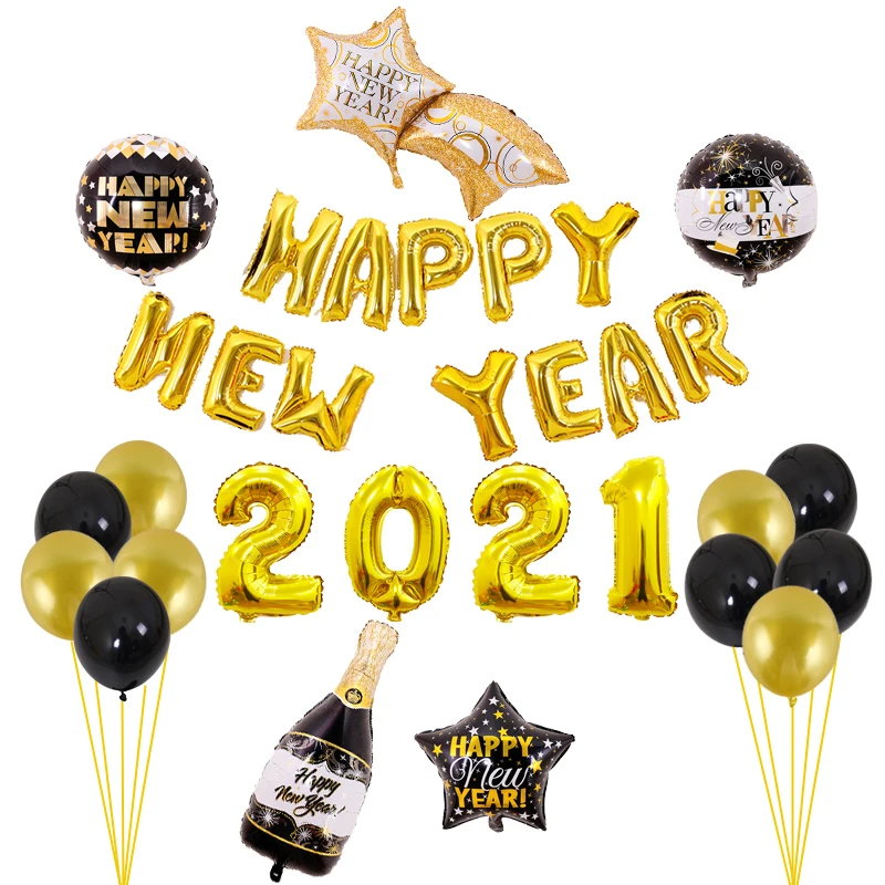 

31Pcs/Set Happy New Year 2021 Balloon Gold 16 inch Number Letter Black New Year Round Star Champagne Bottle Balloons Decorations