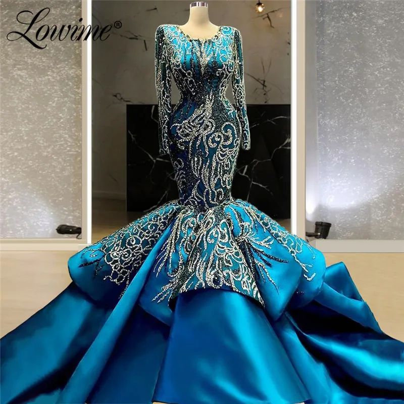 Lowime Muslim Mermaid Luxury Evening Dresses Gowns 2021 Beading Lace Long Sleeves Formal Dress For Women Party Prom Gowns Robes