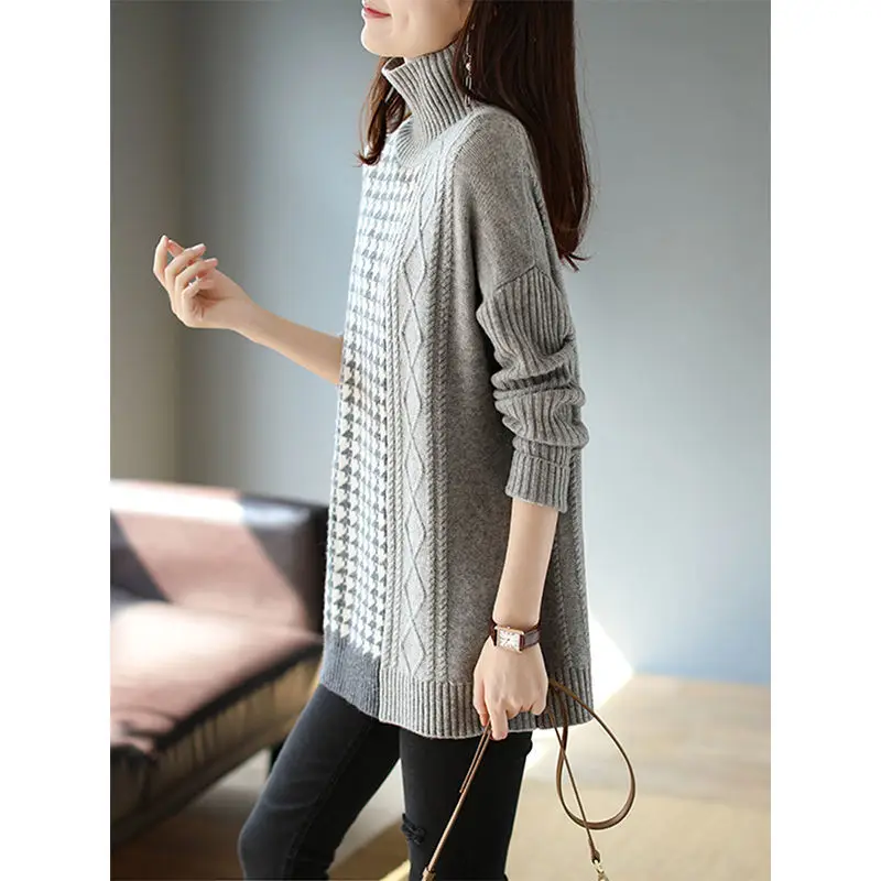 Контрастный женский свитер тысяча птиц в клетку средней и длинной осенне-зимней