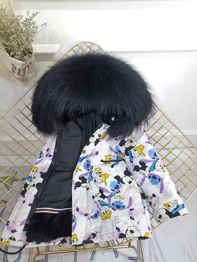 Micky Black Fur Детская зимняя куртка с отделкой из меха, пальто для мальчиков и девочек утепленное пальто из меха кролика с граффити, Детская меховая куртка для девочек, TZ147 - Цвет: Micky Black Fur