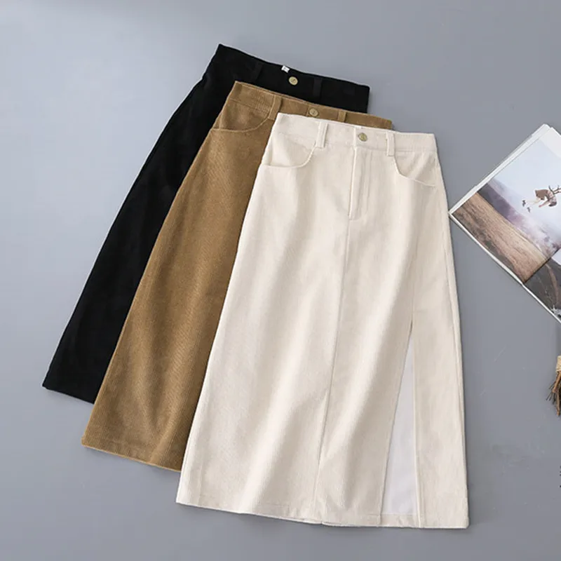 

Women Corduroy Mid-Calf Winter Skirts Womens High Waist Elegant Vitnage Casual Skirt Female Slim Corduroy Skirts S912