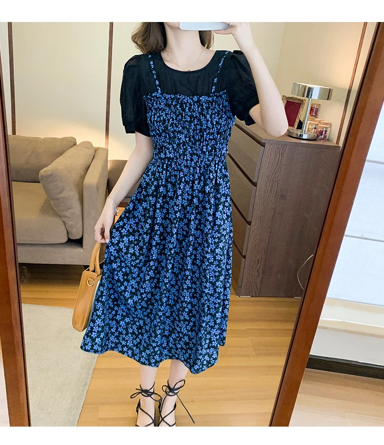 

Uulutonica Summer Women Elegant Fashion A-line Print Short Patchwork Mid-calf Puff Sleeve Empire O-neck Dress
