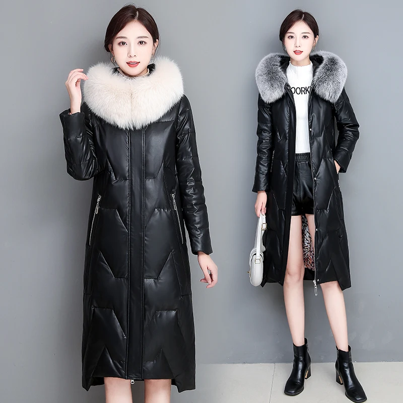 

Женский длинный пуховик из искусственной кожи, парка с капюшоном и воротником из натурального Лисьего меха, повседневная верхняя одежда, зи...