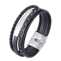 new arrival trendy black leather bangles men stainless steel multilayer braided wrap male bracelets for friend wristbands ps1176