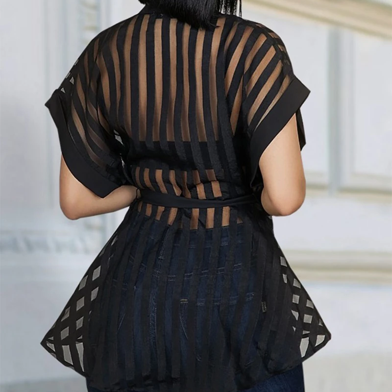 

K3NF Women Short Sleeve Stand Collar Shirts Button Sexy Sheer Mesh Striped Blouse