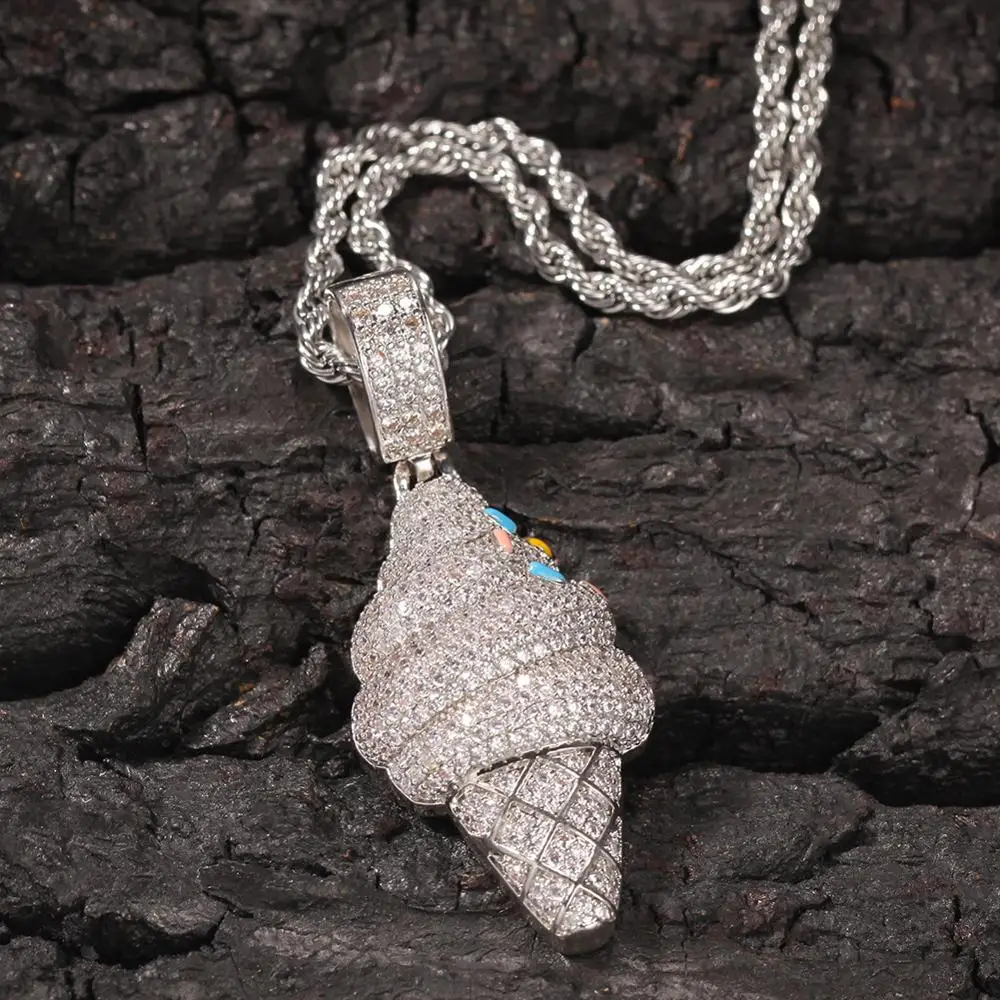 

Men Hip hop iced out bling ice cream Pendant Necklaces micro pave Zircon Charm Pendants Necklace Hiphop jewelry fashion