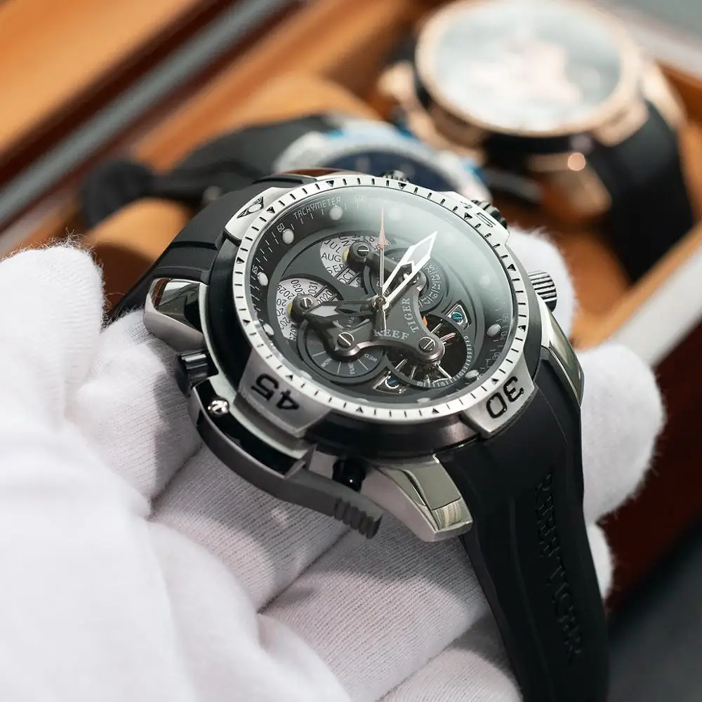 Мужские военные часы Reef Tiger/RT с календарём на год месяце неделю стальным сложным