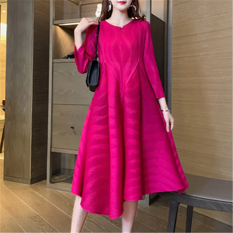 

Miyake Pleated Women's Dress 2021 Fall Fashion and Comfortable Noble Lady Seen Thin Pleated Large Size Bubble Dress Clothing