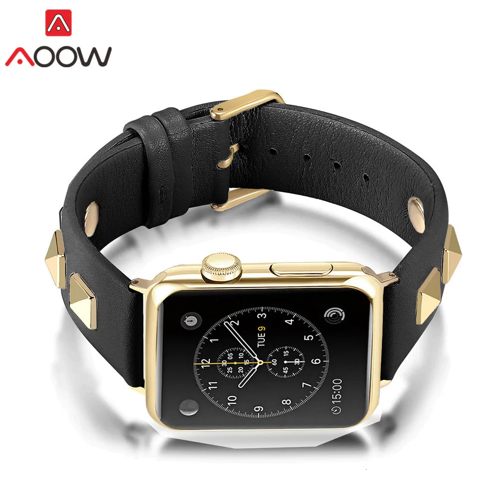 Ремешок для часов из натуральной кожи для Apple Watch 38 мм 40 мм 42 мм 44 мм модный ремешок с заклепками для iwatch 12 3 4 Мужской Женский браслет