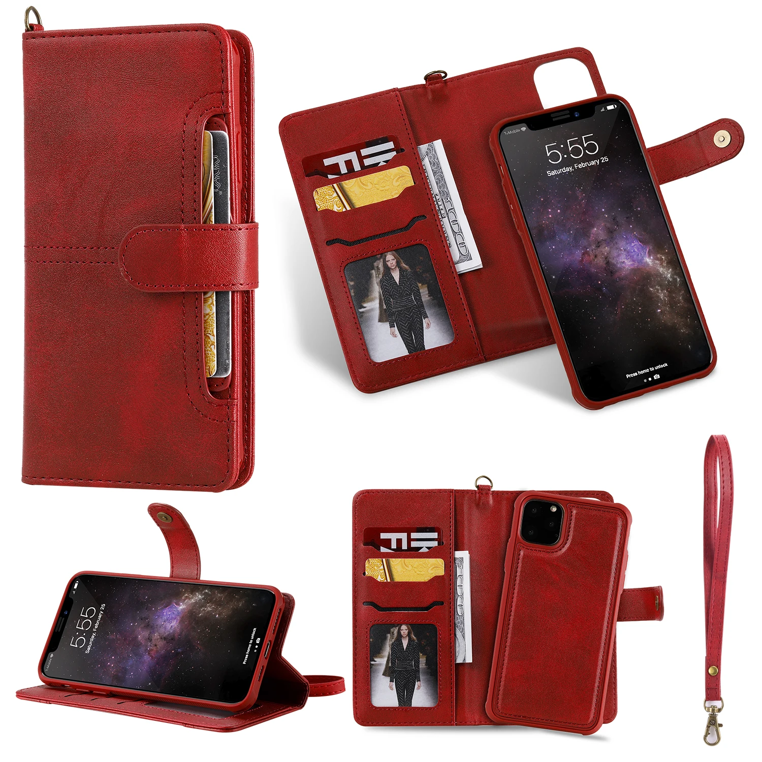 Многофункциональный чехол бумажник для iphone 11 Pro MAX роскошный кожаный съемный