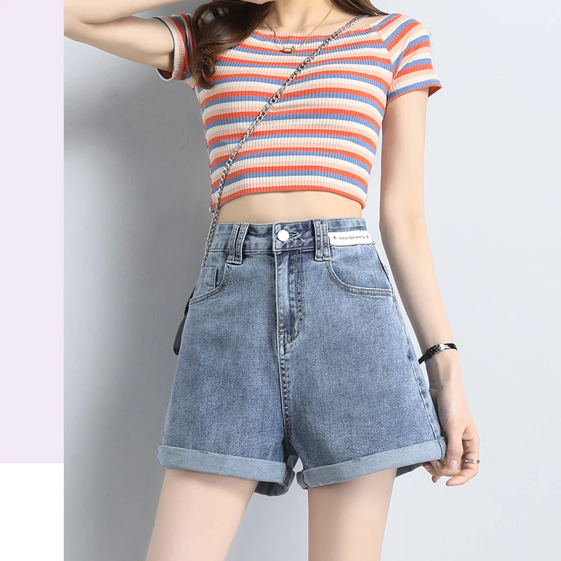 

Fashion Women's Denim Shorts Female Denim High Waist Vintage Loose Wide Leg Casual Blue Shorts Jeans for Summer