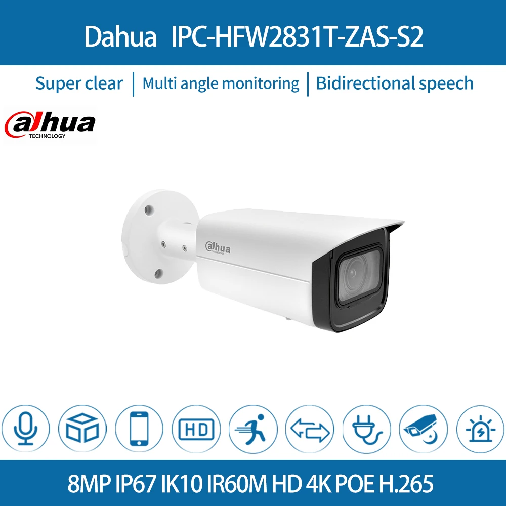 

Dahua IPC-HFW2831T-ZAS-S2 IP Camera Security 4K 8MP PoE WDR Starlight IP67 IVS H.265 Built-in IR LED IR60m Multi-language Outd
