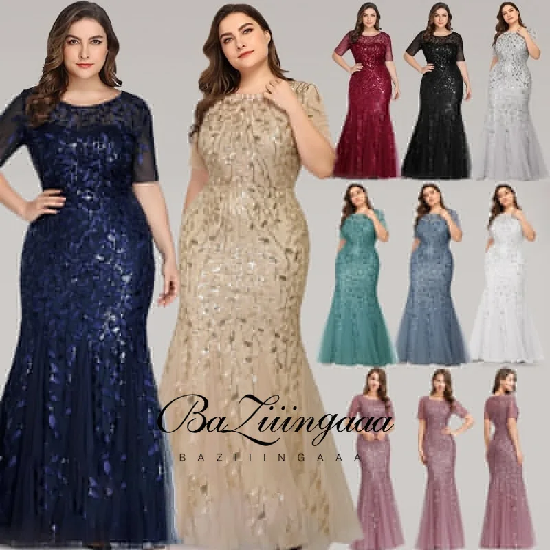 

Ever Pretty Dress Plus Size Sequin Mesh Mermaid Slim Evening Dress Beaded Leaves Pattern Formal Dress Women Elegant