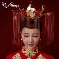 niushuya retro chinese xiuhe headdress accessories wedding hairwear red pompoms costume bridal hair jewlery
