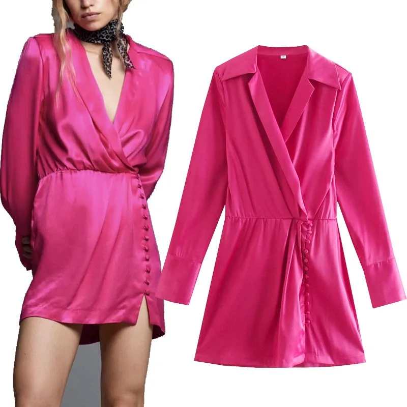 

Za 2021 Buttoned Wrap Fuchsia Dress Women Long Sleeve Lapel Collar Elegant Party Dresses Chic Female Fashion Ruching Mini Dress