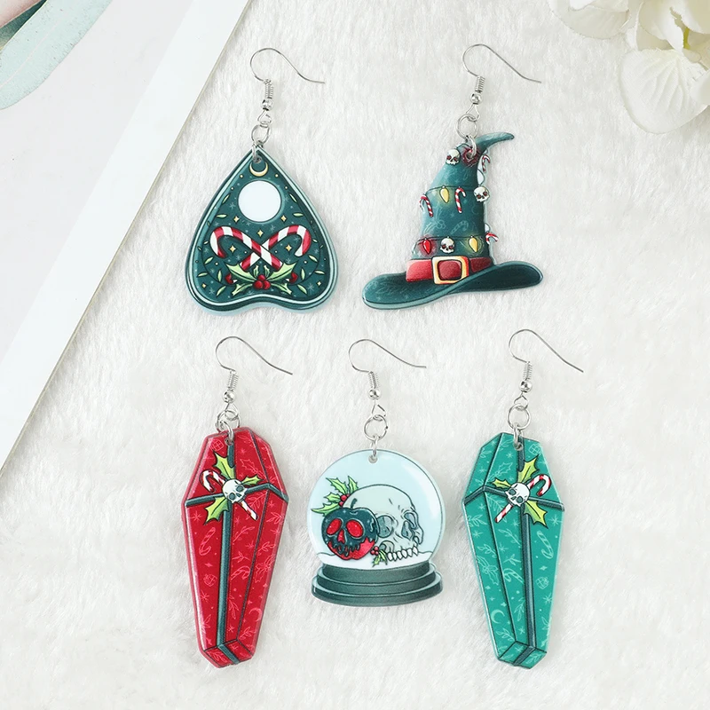 

1 Pair Christmas Drop Earrings Creepy Coffin Crystal Ball Ouija Hat Jewelry Flatback Acrylic Holiday Gifts