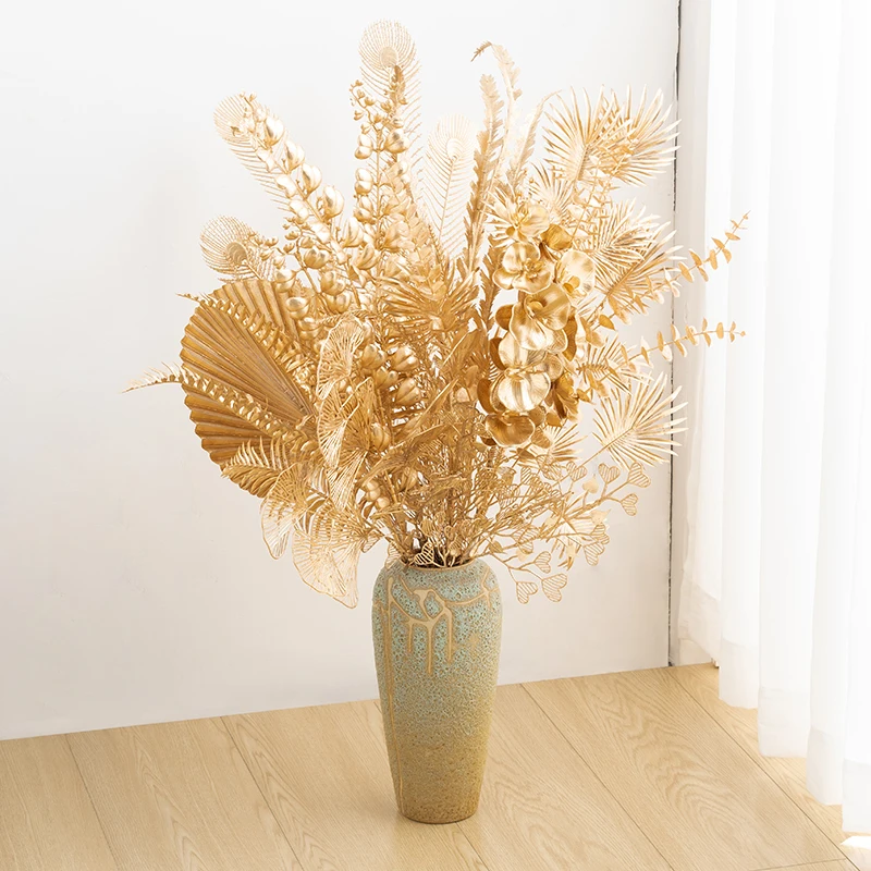 Золотые Искусственные пластиковые цветы кленовый лист гинкго эвкалипт Холли
