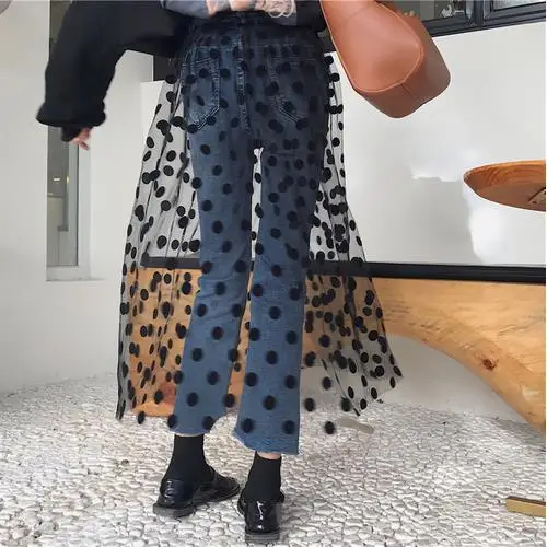 Кружевные лоскутные джинсы для женщин из тюля в горошек женские с кисточками и