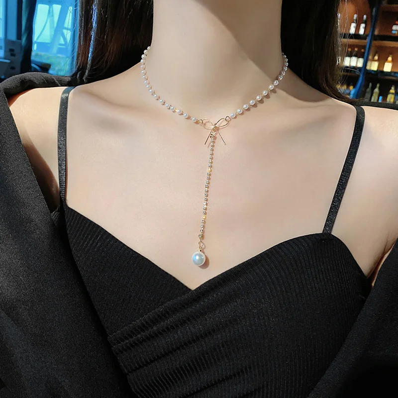 

Vintage Pearl Bowknot Chains Necklace Geometric Aangel Pendant Love Necklaces for Women Punk Jewelry