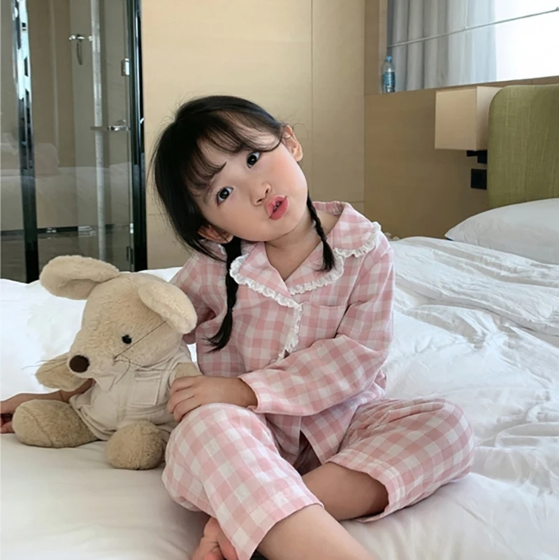

Cute Kid Girl's Turndown Collar Pink Plaid Pajama Sets.Vintage Toddler Kid's Pyjamas Set Sleep Loungewear.Children's Clothing