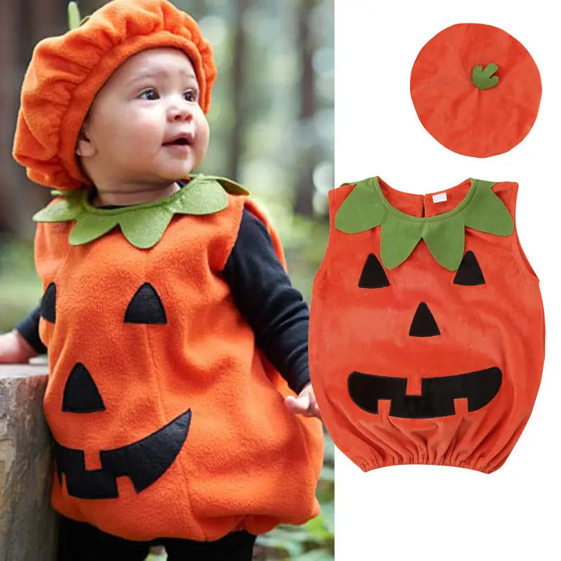 0-3Years Newly Cosplay Halloween Toddler Baby Kid Pumpkin Print Sleeveless Romper Jumpsuits Tops+Hats Clothes 2PCS Costumes |