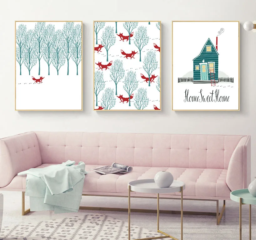 Настенные забавные постеры с изображением леса красной лисы Мультяшные картинки