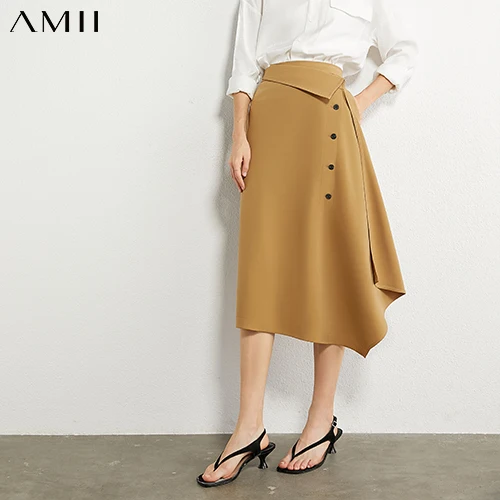 

AMII Minimalism Autumn Fashion Waist Design Aline Women Skirt Causal Irregular Hem Solid Calf-Length Female Skirt 12040314