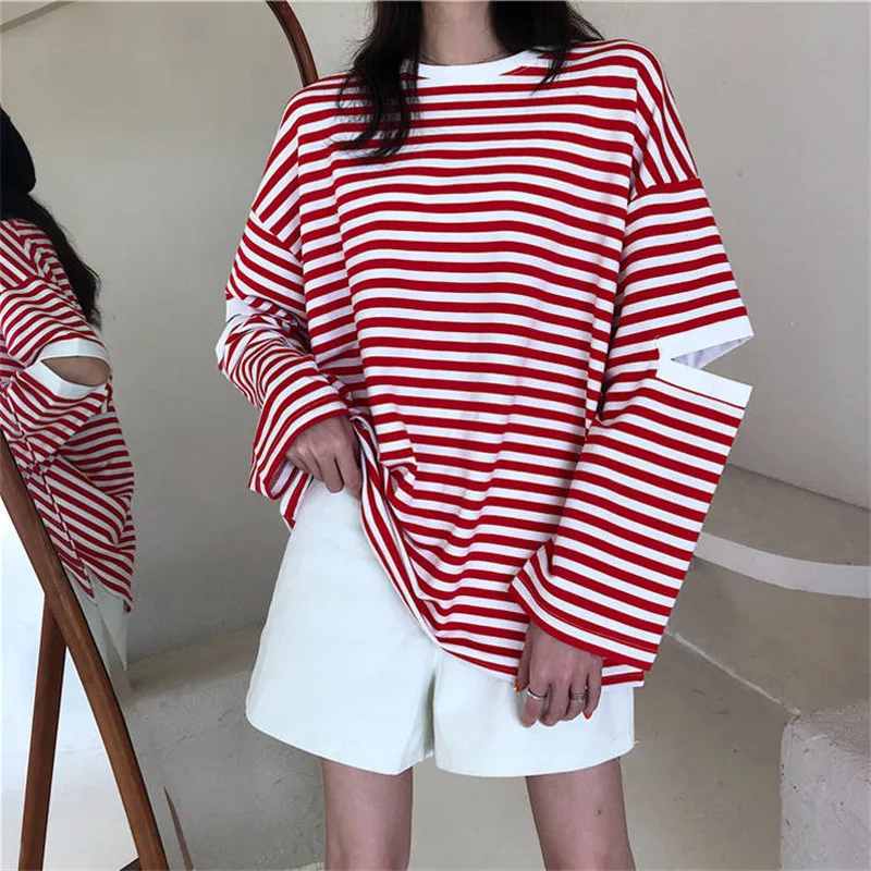 

2020 Causal O-neck T Shirt Women Striped Tshirt Streetwear Loose Shirt Female Harajuku Japan Top Shirts Spring Tshirts Females