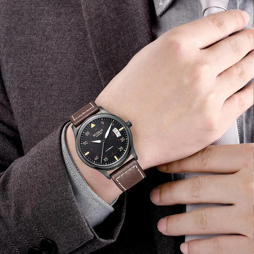 Модные японские автоматические часы Movt мужские деловые механические с кожаным