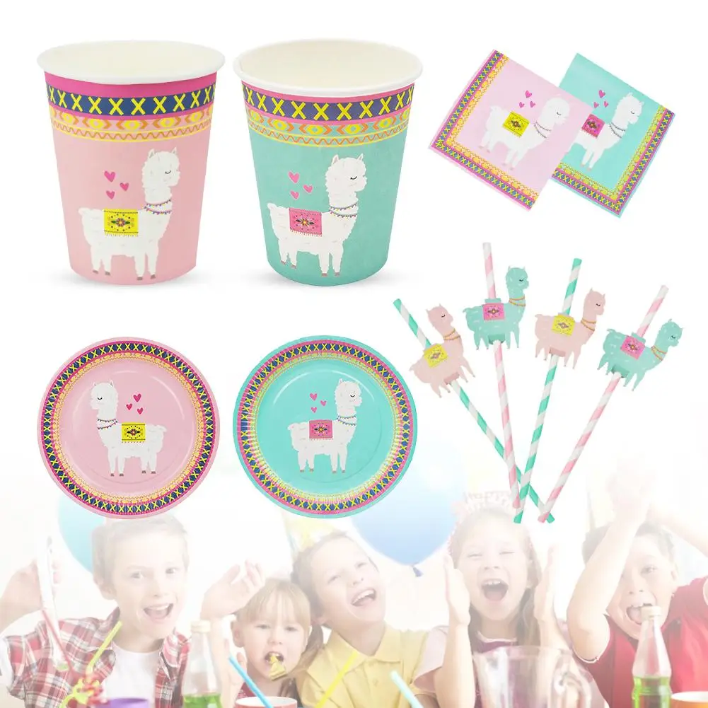 

8PCS Alpaca Paper Cup Set Disposable Pink Light Green Tableware Paper Straw Plate Cup Suit Birthday Party Decorations Kids