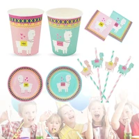 8pcs alpaca paper cup set disposable pink light green tableware paper straw plate cup suit birthday party decorations kids