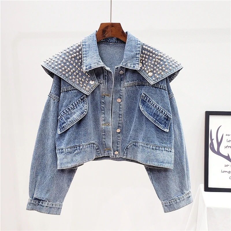 

Cakucool Spring Autumn Women Harajuku Rivets Denim Jacket Coat Lotus Collar Punk Jean Jackets Student Loose Basic Coat Outfit
