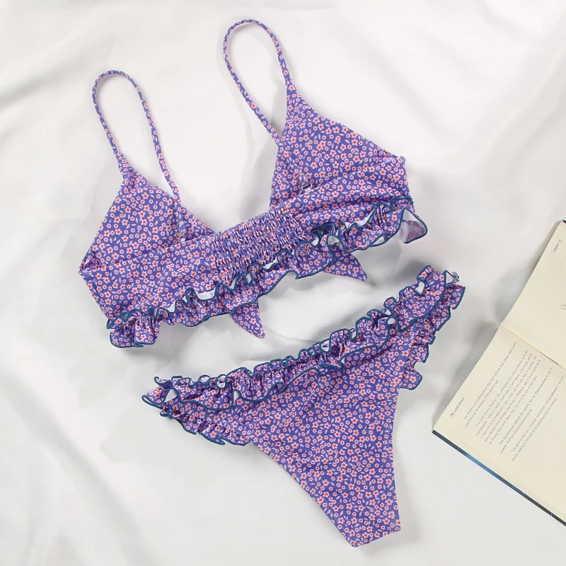 

Thong Biquini Print Bikini Floral Swimsuit Off shoulder Bathing Suit Women swimwear Bandage Shoulder Bikini Set High Cut Bikinis