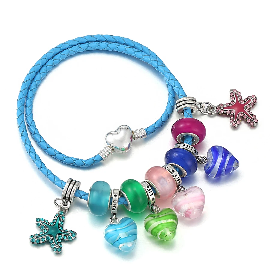 

Seialoy Multicolor Glass Heart Pendant Black Leather Bracelets For Women Men Original Starfish Charm Bracelet Ocean Jewelry Gift