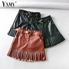 Женская короткая юбка из искусственной кожи, мини-юбка с высокой талией и рюшами, Корейская панк-юбка, элегантная кожаная юбка с карманами
