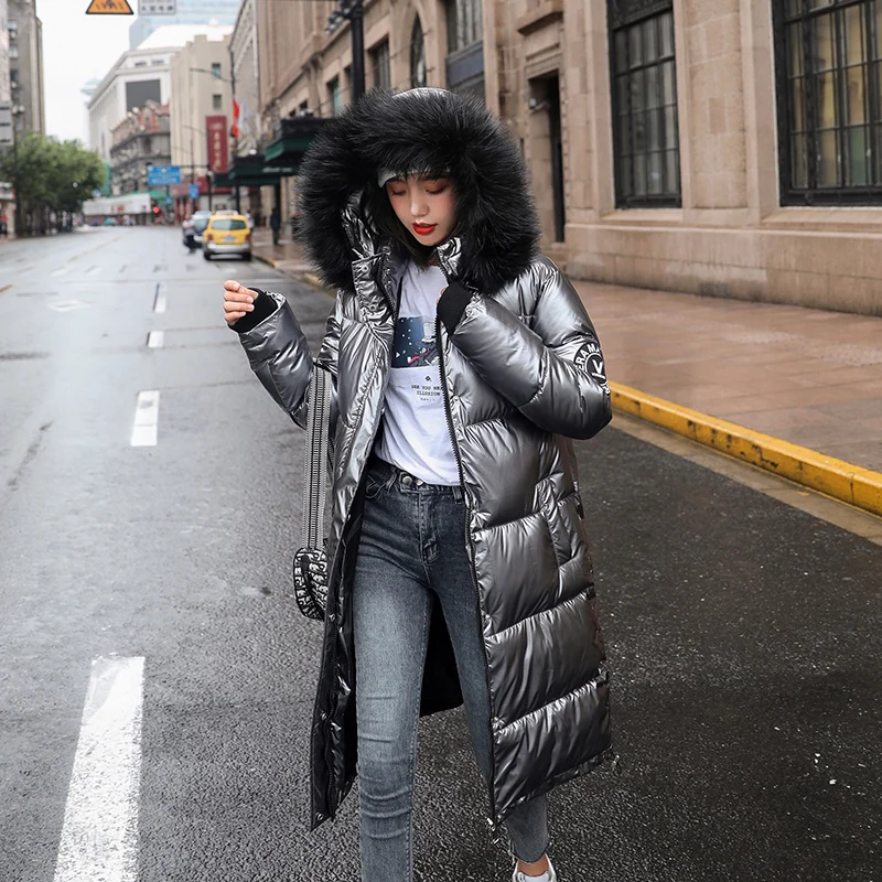 

New Women Long Coat Parkas Female Glossy Winter Warm Thicken Faux Fur Coats Silver Down Jacket Parker Jacket Coat