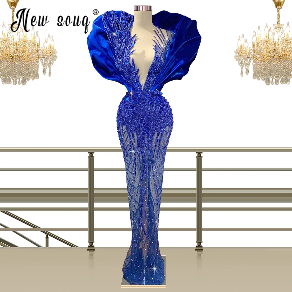 

Royal blue African Luxury Evening Dresses Beading Mermaid Formal Prom Party Gowns Arabic Event Gowns Robe femme soiree Costume